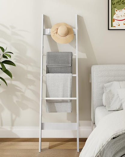 Hzuaneri Blanket Ladder for Living Room, Decorative Quilt Rack with 4 Removable Hooks, 5-Tier Farmhouse Ladder Holder Shelf Organizer for Bedroom, White BR02113W