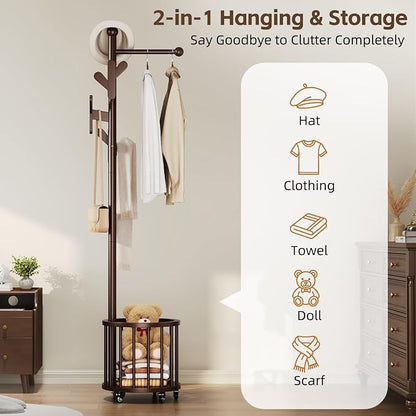 Uniclinens Freestanding Wooden Coat Rack with Umbrella Holder，Dark Walnut Coat Rack with Hooks, Space-Saving Entryway Organizer for Hanging Clothes and Storing Towels, Bedroom, Living Room