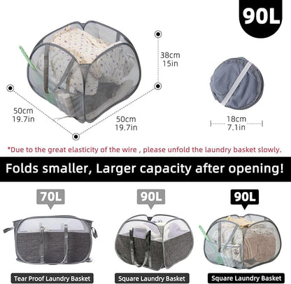 Collapsible Laundry Basket, 90L Foldable Pop-up Laundry Hamper with Handles, Square Mesh Dirty Clothes Hamper for Laundry, Bathroom, Kids Room, Dorm,Travel or Camping (Gray)