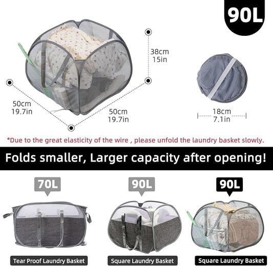 Collapsible Laundry Basket, 90L Foldable Pop-up Laundry Hamper with Handles, Square Mesh Dirty Clothes Hamper for Laundry, Bathroom, Kids Room, Dorm,Travel or Camping (Gray)