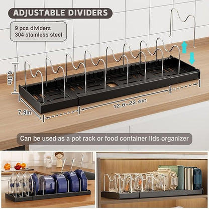 Magheo 2 Pack Expandable Food Storage Container Lid Organizers, 22" Pots and Pans Organizer Under Cabinet with 9 Adjustable Dividers Pot and Pan Lid Holders Rack Inside Cabinet(Black)