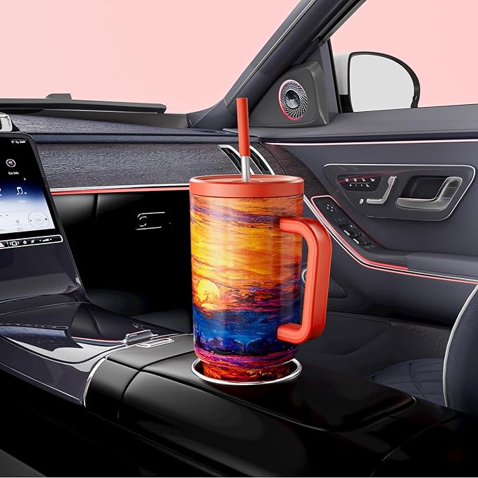 Meoky 40 oz Tumbler with Handle and Straw: Stainless Steel Insulated Tumbler with Lid and Straw - 100% Leak Proof Tumbler for Car Cup Holders - Travelers Commuters Workers, Sunrise