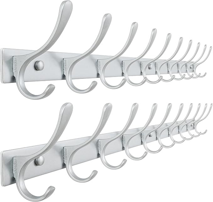 SKOLOO Coat Rack Wall Mounted - 10 Hooks, Pack of 2, Heavy Duty, Stainless Steel, Metal Wall Hangers, Sturdy Coat Hooks for Hanging Coats, Jacket, Clothes, Hat, Cold Light Silver