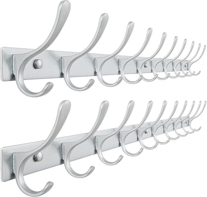 SKOLOO Coat Rack Wall Mounted - 10 Hooks, Pack of 2, Heavy Duty, Stainless Steel, Metal Wall Hangers, Sturdy Coat Hooks for Hanging Coats, Jacket, Clothes, Hat, Cold Light Silver