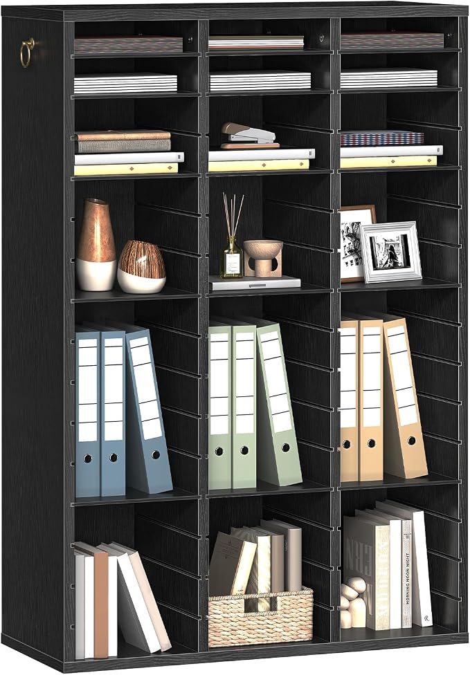 HOOBRO Literature Organizer, 48 Compartments Wooden Mail Organizer, Countertop Literature Sorter with Adjustable Shelves for Home, Office, School, Student Mailbox for Classroom, Black BK163WF01