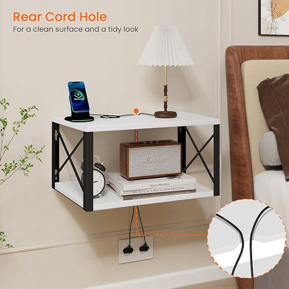 Homode Floating Night Stand, Modern Bedside Shelf Wall Mount, Wood Hanging Nightstand with Wire Hole, Floating Side Table for Bedroom Bathroom Living Room Small Places, White