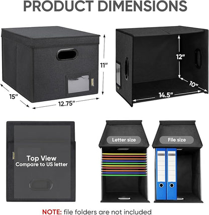 BALEINE File Organizer Box with Lid, Collapsible File Folder Organizer with Plastic Slide, Hanging File Folder Box for Office Document Storage (Tab Friendly, 2 Pack, Black)