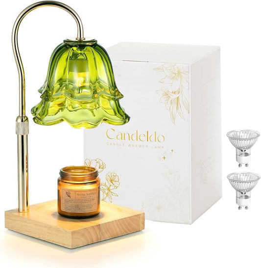 Candeldo Candle Warmer Lamp with Timer: Green Flower Candle Warming Lamp with 2 Bulbs Height Adjustable Wax Warmer Dimmable Bedroom Decor Mothers Day Gift for Women