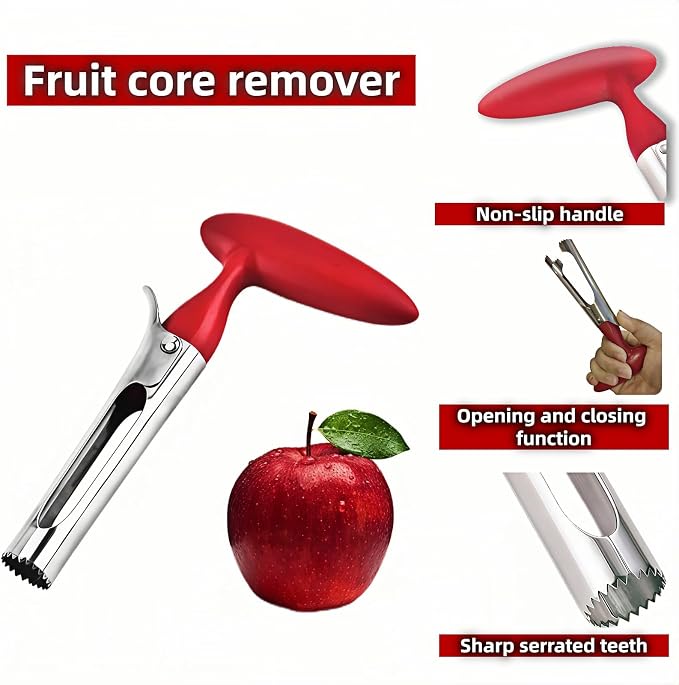 Premium Stainless Steel Apple Corer - Easy Use & Dishwasher Safe, Multi-Fruit Core Remover with Ergonomic Handle for Apples, Pears, Tomatoes & Cupcakes | Durable Kitchen Tool (Red)