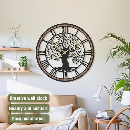 Micasso Non-Ticking Large Wall Clock: 21Inch Tree of Life Metal Black with Solid Wood Frame - Battery Operated Silent Clock for Living Room/Office/Bedroom/Kitchen - Home Decor for Trendy Fashionistas