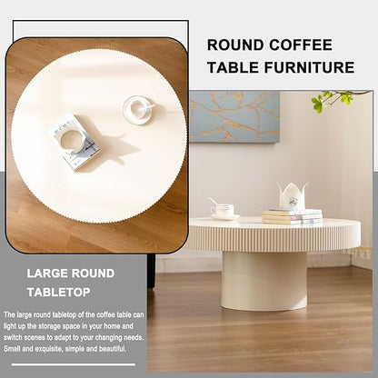 Round Coffee Table, Handcrafted Fluted Drum Coffee Tables Modern Wood Coffee Table Circle Drum Center Table for Living Room, Apartment (White Thin)
