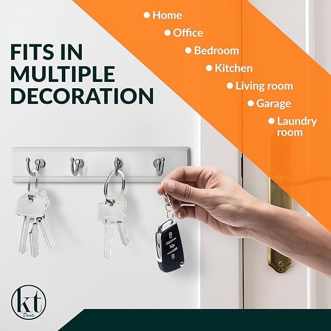 Wall Mounted Key Rack Rail Hanger Key Holder Wall Mount with 4 Hooks Hanging Storage Keys Organizer Home Decor (White)