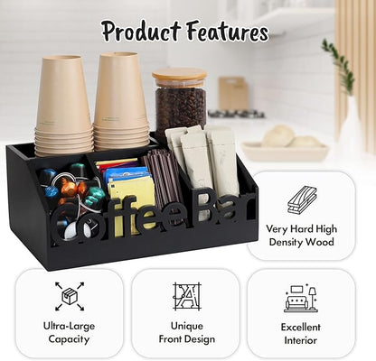Coffee Bar Organizer for Countertop – Wooden Coffee and Tea Station Caddy with Tray for Pods, Cups, Condiments, and Accessories – Kitchen or Office Counter Storage (Medium Size -Black)