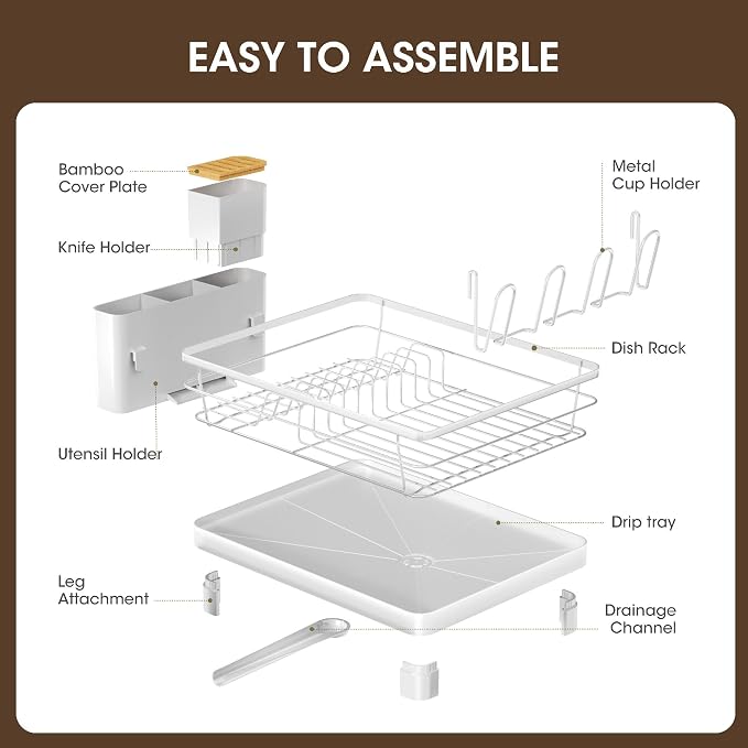 Runnatal Dish Drying Rack, Stainless Steel Dish Rack with Drainboard for Kitchen Counter and Sink, Detachable 2-in-1 Utensil Holder, Cup Holder, Large Capacity Dish Drainer, White
