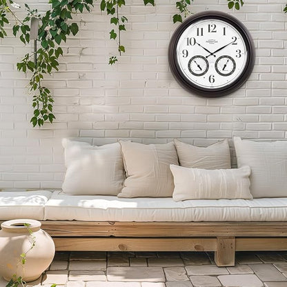 Presentime & Co 18" Illuminated in/Outdoor Clock with Smart Sensor and Night Light, Waterproof, Large Wall Clock with Thermometer & Hygrometer, for Garden and Patio - Oil Rubbed Bronze