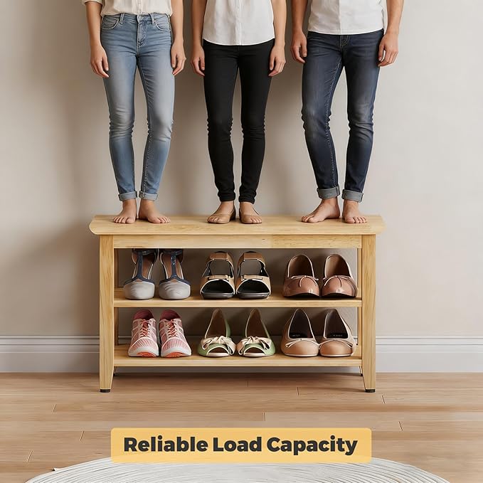 Wood Shoe Bench for Entryway,Bench with Shoe Rack,Storage Shoe Organizer for Hallway,Living Room,Bedroom (Natural, 31.5''W×11.81‘’D×17.71‘’H)