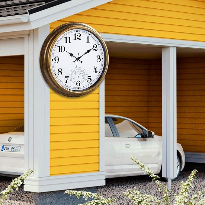 16 Inch Large Outdoor Clock, Retro Waterproof Indoor/Outdoor Clock Non-Ticking Clock with Thermometer, Battery Operated Wall Clock for Patio, Garden, Pool - Bronze