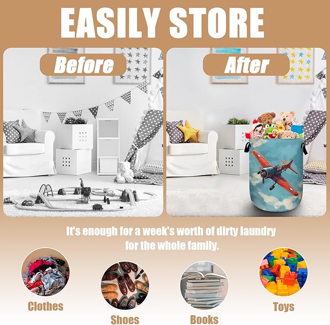 Vintage Airplane Laundry Basket, Foldable Laundry Hamper Tote Bag Dirty Clothes Storage Bucket Toy Organizer for Bathroom/Laundry/Bedroom 15.7"x19.6"