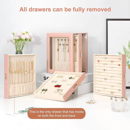DesignSter Jewelry Box Organizer, Jewelry Box for Women, PU Jewelry Organizer Display Case with Side Drawers, Jewelry Storage for Earring Necklace Ring Bracelet Watch