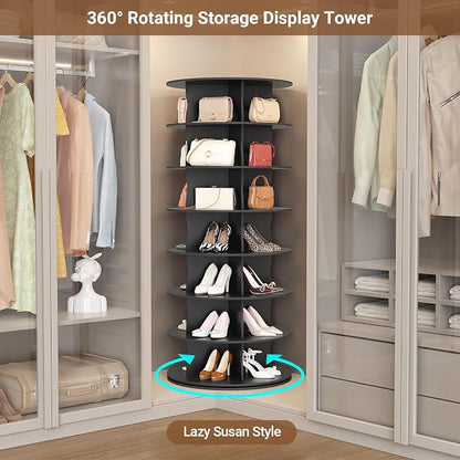 5-Tier Rotating Standing Shelf Unit with Dividers, 360° Storage Display Tower Vertical Floor Organizer, for Bedroom, Closet, Entryway & Office, Ideal for Shoes, Cosmetics & Handbags, Black