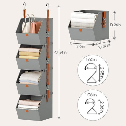 Hanging Closet Organizer 4 Tier - Clothes Hanging Shelves, Space-Saving Closet System, Fabric Storage Bins Bedroom Organization, Collapsible Baskets for Home, Dorm, Rv, Grey, 2 Pack