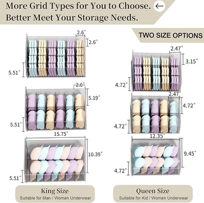 Underwear Organizer Drawer, 12 Cells Plastic Sock Underwear Storage Drawer, Stackable Closet Organizers and Storage Box for Bras, Socks, Scarves, Ties, Belt (King Size-White, 1 Pcs)