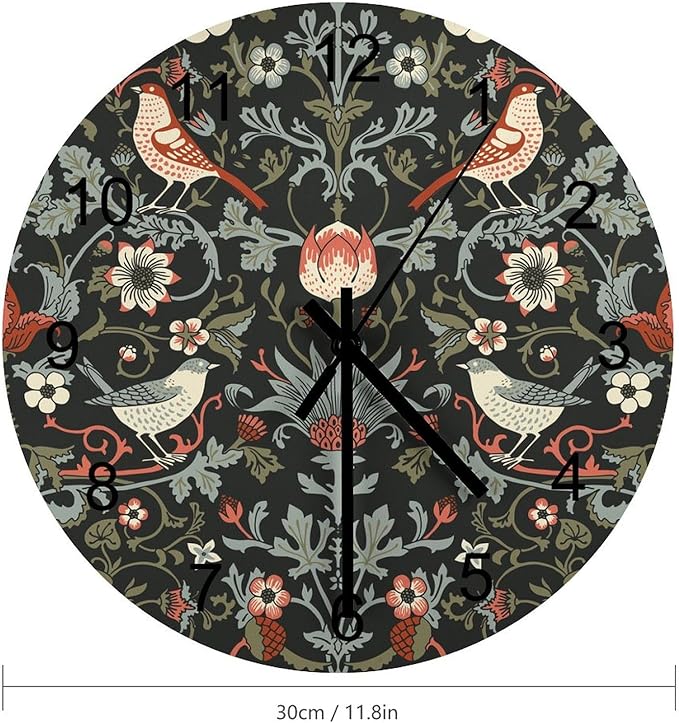 William Morris Wall Clock Silent Non Ticking Battery Operated, Vintage Art Black Rustic Floral Botanical Bird Clock Decorative for Bathroom Kitchen Bedroom Living Room(12 Inch)