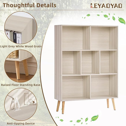 LEYAOYAO Cube Bookshelf 3 Tier Mid-Century Light Grey White Modern Bookcase with Legs,Retro Wood Bookshelves Storage Organizer Shelf,Freestanding Open Book Shelves for Bedroom,Living Room,Office