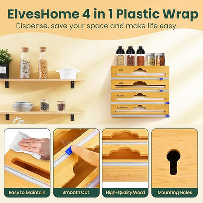 Bamboo 4 in 1 Saran Wrap Dispenser with Cutter & Labels - Foil & Plastic Wrap Organizer - Aluminum Foil Wax & Parchment Wrapping Paper Storage for Kitchen Drawer - 12" Roll