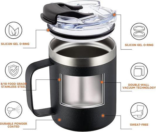 12oz Insulated Coffee Mug Cup with Handle, Stainless Steel Travel Coffee Mug with Flip Lid, Double Wall Vacuum Coffee Tumbler,Sky Blue