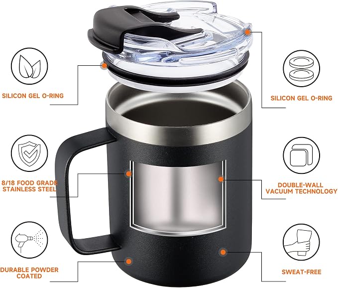 12oz Stainless Steel Insulated Coffee Mug with Handle, Double Wall Vacuum Tumbler Cup with Fliping Lid, Red, 2 Pack