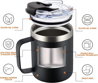 12oz Insulated Coffee Mug Cup with Handle, Stainless Steel Travel Coffee Mug with Flip Lid, Double Wall Vacuum Coffee Tumbler,Nut Brown