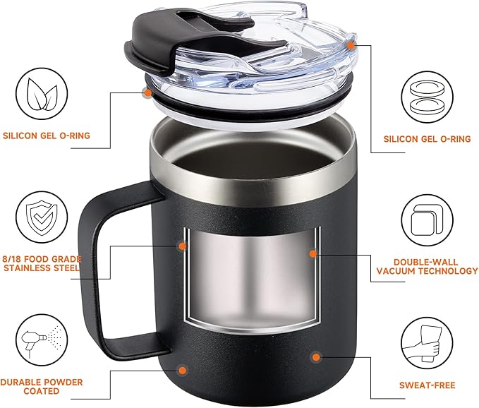 12oz Stainless Steel Insulated Coffee Mug with Handle, Double Wall Vacuum Travel Mug, Tumbler Cup with Fliping Lid, Black and Navy