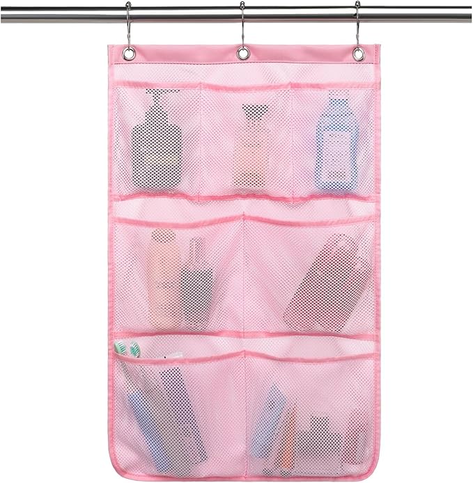 GYEUKHAM Mesh Shower Caddy Hanging Organizer with 7 Pockets and Hooks, Portable Quick Dry Bathroom Storage for College Dorm, Cruise, RV, Gym, Travel Toiletry Bag, Pink, 1 Pack