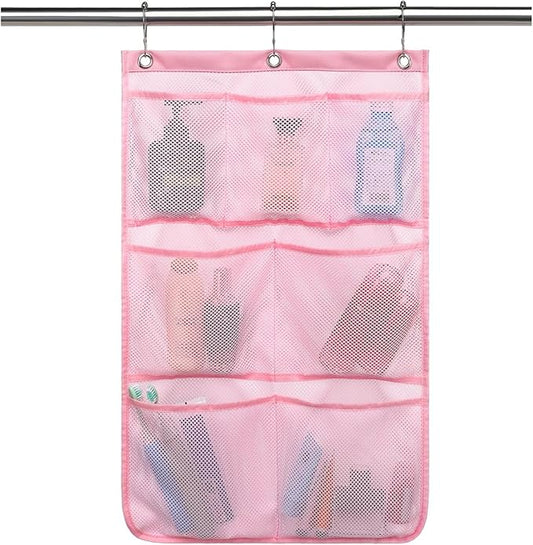 GYEUKHAM Mesh Shower Caddy Hanging Organizer with 7 Pockets and Hooks, Portable Quick Dry Bathroom Storage for College Dorm, Cruise, RV, Gym, Travel Toiletry Bag, Pink, 1 Pack