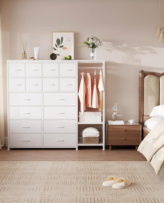GarveeHome Dresser with 16 Drawers & Hanging Rod & Shelves, Fabric Storage Organizer for Bedroom, Closet, or Entryway