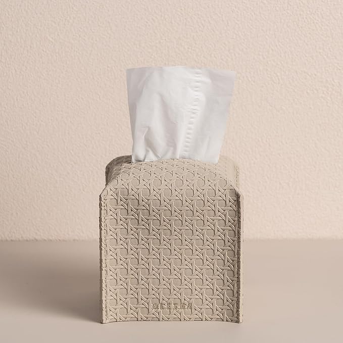 OLETHA Square Tissue Box Cover - Aesthetic Desk Decor for Room, Home & Office - Tissues Cube Boxes Holder - Lattice Patterns, Light Taupe