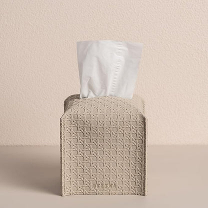 OLETHA Square Tissue Box Cover - Aesthetic Desk Decor for Room, Home & Office - Tissues Cube Boxes Holder - Lattice Patterns, Light Taupe
