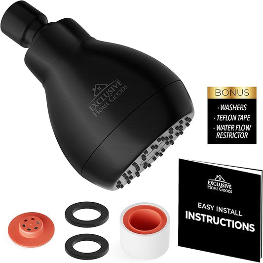 High Pressure Shower Head Matte Black - Powerful Deluxe Bathroom Showerhead with Strong Spray Stream and Small Silicone Nozzles - Universal Fit Works with High and Low Water Flow Showers-2.5 GPM