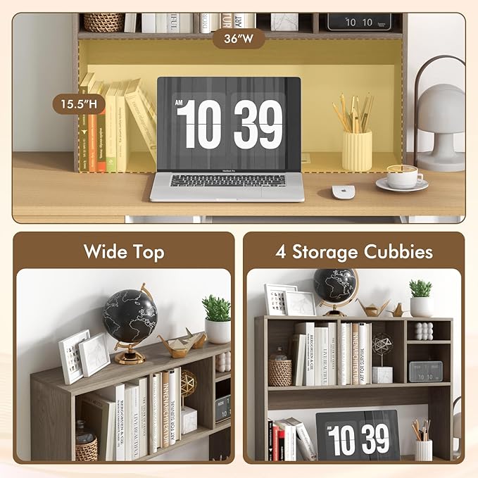 Desk Hutch, Desktop Shelf with 4 Shelves, Desk Bookshelf w/Anti-Toppling Devices, Wood Table Top Bookshelf Organizer, Small Desk Shelf for Study, Office, Dorm (Grey, 4 Shelves)