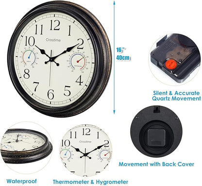 16 Inch Waterproof Outdoor Clock with Thermometer & Hygrometer Combo – Bronze Retro Vintage Decor Indoor Outdoor Wall Clocks for Patio, Pool, Backyard, Garage