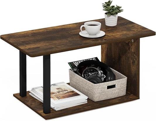 Furinno Basic Coffee Table, 2-Tier Modern Coffee Table with Open Shelf, Easy Assembly Side Table, for Living Room, Bedroom, Home Office, Amber Pine