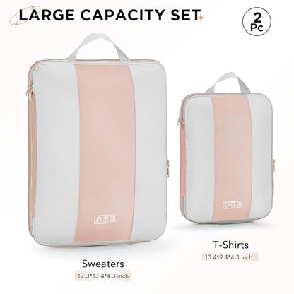 2 Set Compression Packing Cubes for Travel Essentials,Compressible Expandable Packing Cubes for Suitcase,OlarHike Luggage Garment Bags for Travel,Handy Helper for Organizing Clothes(Beige)