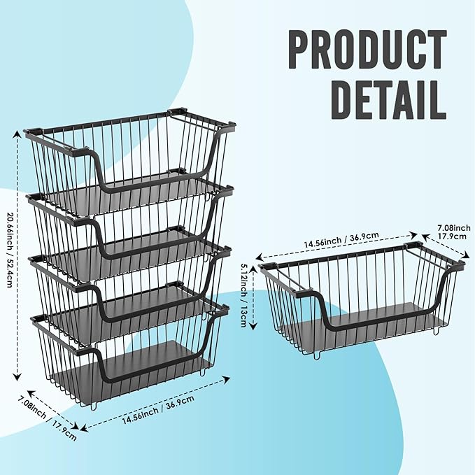 GAOKASE 4 Pcs Stackable Wire Baskets for Pantry Organizers and Storage,Vegetable Fruit Basket for Countertop,Kitchen Storage Metal Baskets,Produce Potato Onion Storage Bin-Black