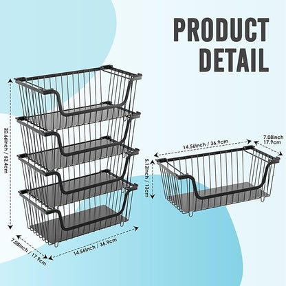 GAOKASE 4 Pcs Stackable Wire Baskets for Pantry Organizers and Storage,Vegetable Fruit Basket for Countertop,Kitchen Storage Metal Baskets,Produce Potato Onion Storage Bin-Black