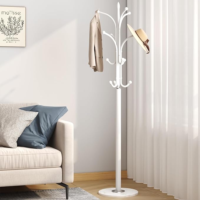 HOMEFORT Coat Rack Stand, Freestanding Coat Tree with Natural Marble Base, Metal Hall Tree with 12 Hooks for Hanging Hat, Clothes, Bag, Entryway Storage Organizer, White