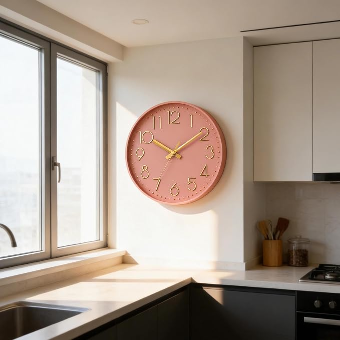 DAXSMY Wall Clock - 12 Inch Silent Non-Ticking Modern 3D Wall Clocks Battery Operated - Decorative Clock for Kitchen, Home Office, Bathroom, Bedroom, Living Room(Pink)