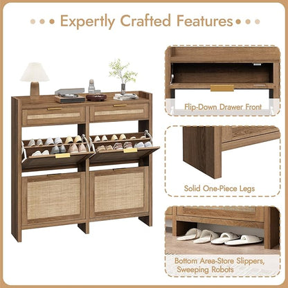 Large Rattan Shoe Storage Cabinet with 4 Flip Drawers & 2 Storages–Hidden Slim Shoe Organizer for Entryway, Large Tabletop Space, Farmhouse Boho Narrow Shoe Rack, Rustic Oak