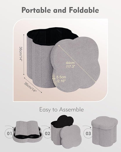 B FSOBEIIALEO Storage Ottoman Cube, Flowers Shaped Ottomans with Storage Foot Stool Footrest, Boucle Ottoman Seat for Dorm Room, Faux Teddy Fur, Grey 15"x15"x15"
