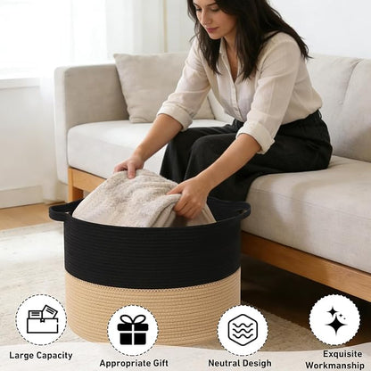 90L Extra Large Blanket Basket,Woven Laundry Basket Hamper with Handles, Decorative Nursery Basket Storage Bin for Toys, Clothes Organizer, Living Room, Bedroom, Bathroom, Black&Camel